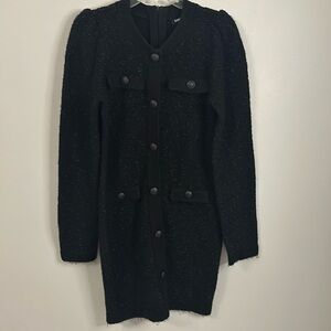 Express, black metallic tweed sweater button down dress, women’s small